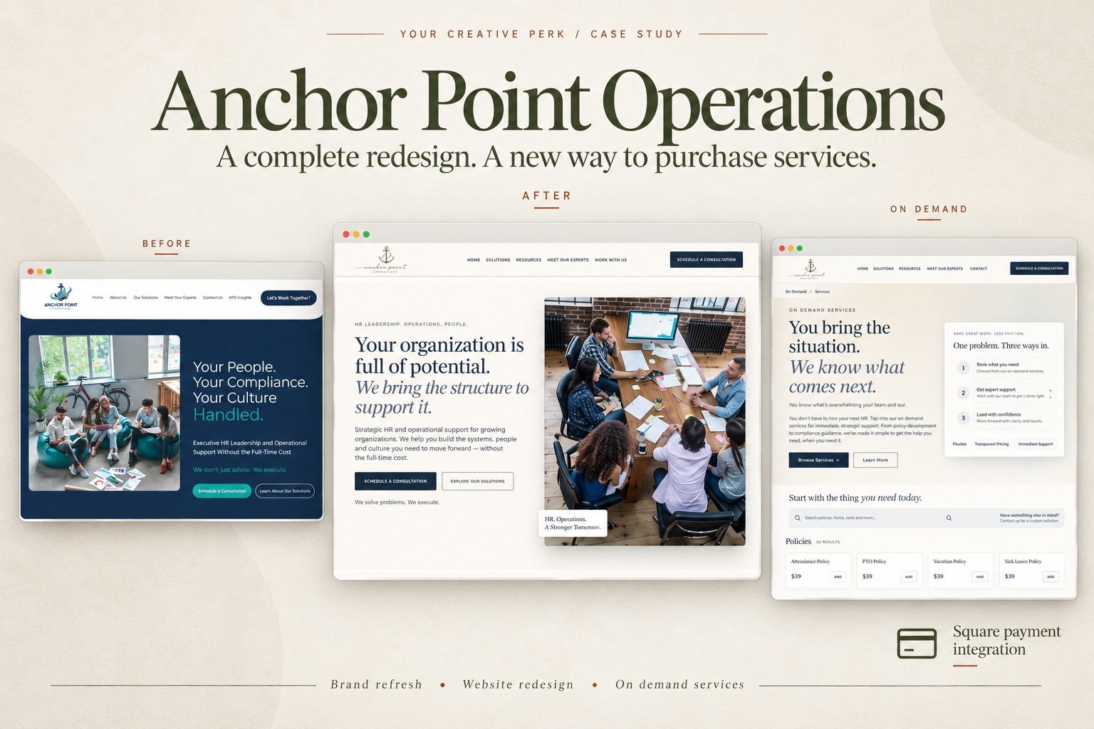 Anchor Point Operations website redesign: before and after, On Demand Services, and Square integration