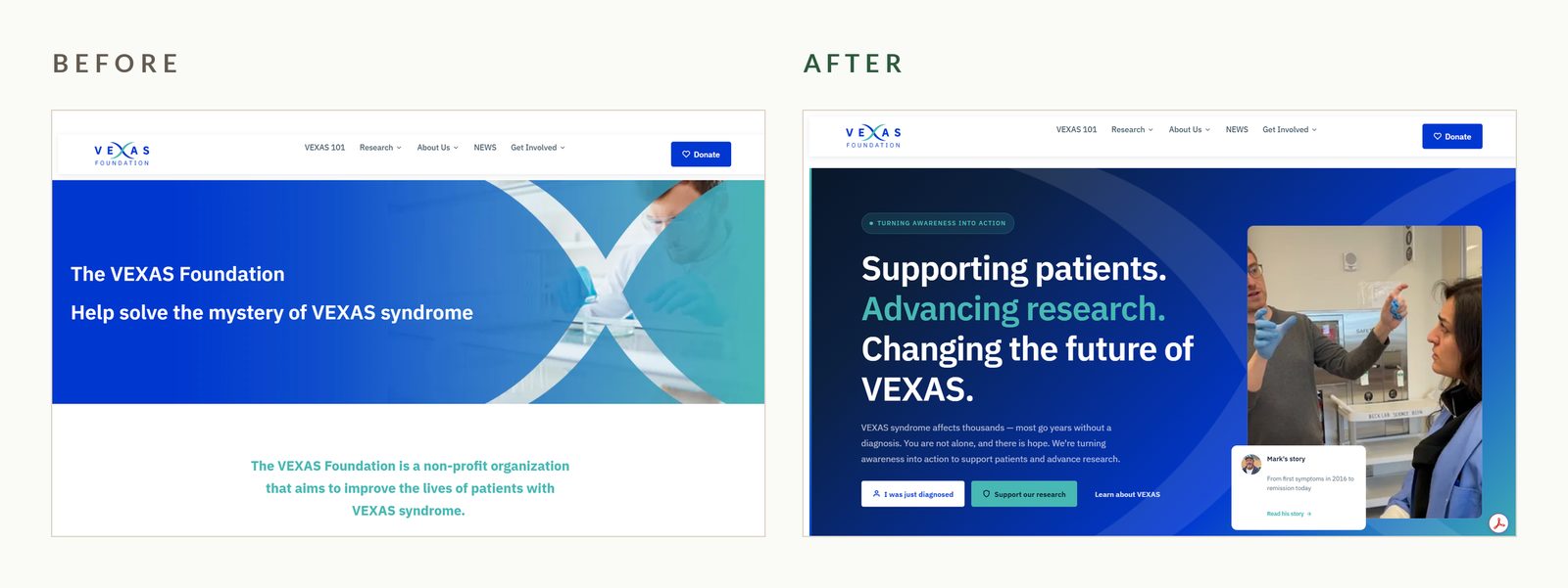 VEXAS Foundation website before and after the redesign
